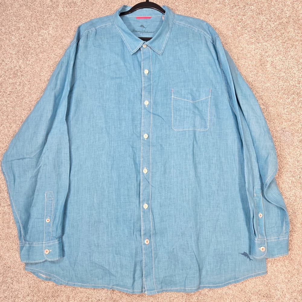 Tommy Bahama Shirt Mens 3XL teal Blue Linen Button Front Long Sleeve Relaxed
